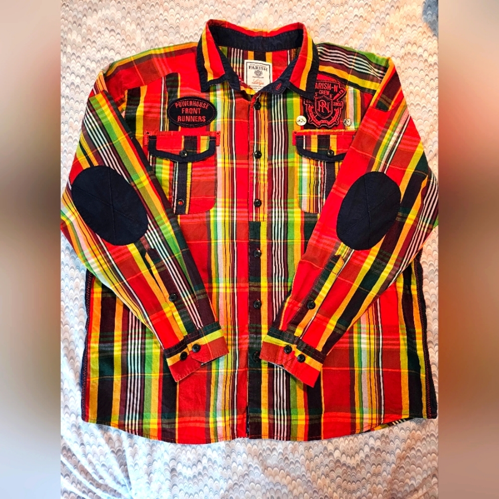 Parish Nation Powerhouse Front Runners Men's Flannel Shirt 2XL Red Plaid Patches